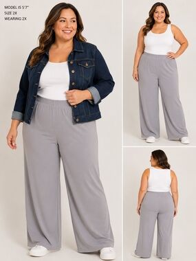Gabriella Rossi Woman Women’s 2X Light Gray Stretch Pull-On Wide Leg Pants 22x32
